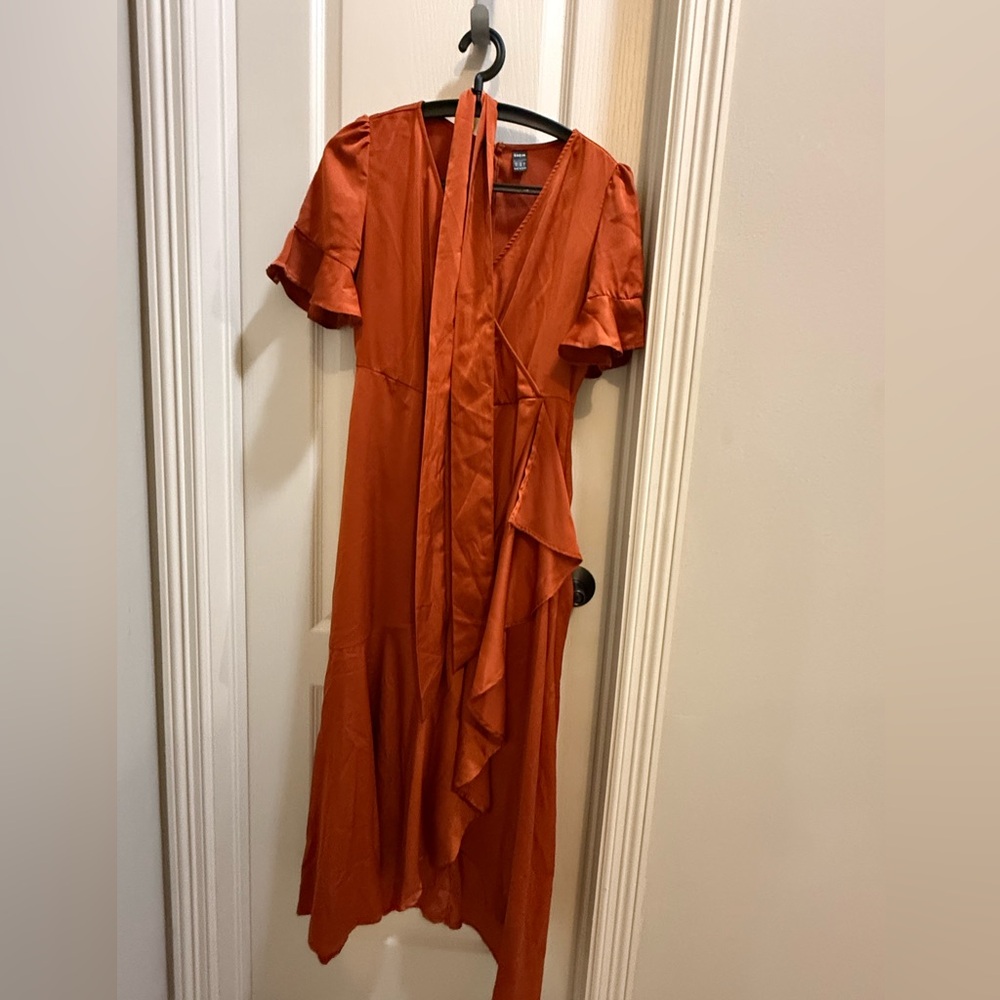Orange Ruffled Wrap Sundress for Wedding Guest